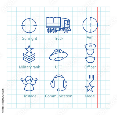 Vector thin line icons set for military infographics, mobile game UX,UI on paper background