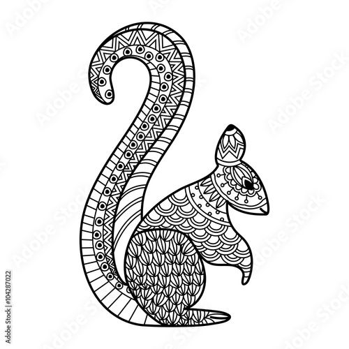 Hand-drawn squirrel with ethnic doodle pattern. Coloring page - zendala.