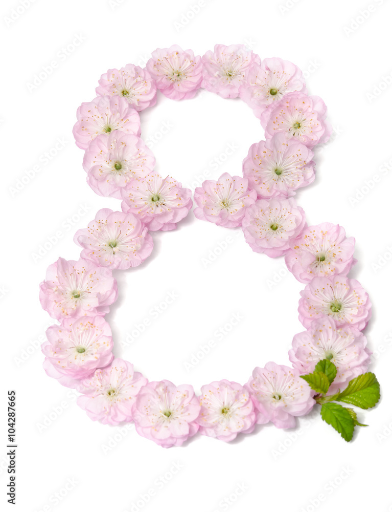 pink flowers in  shape of number eight on white background