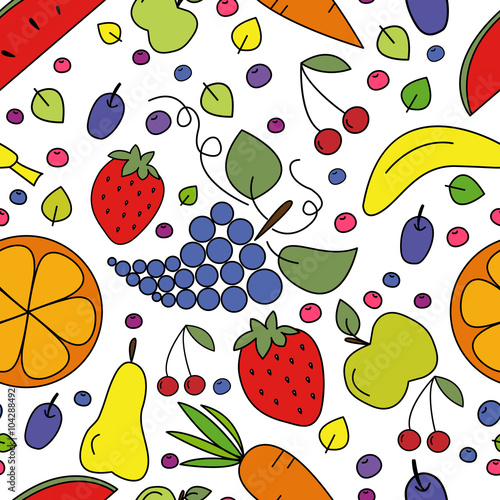 Fototapeta Naklejka Na Ścianę i Meble -  Vector seamless pattern of fruits, berries and vegetables