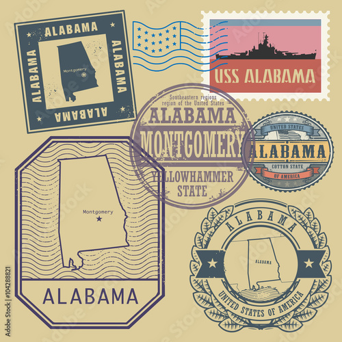 Stamp set with the name and map of Alabama, United States