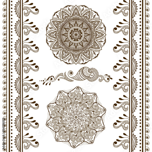 Vector set of hand drawn decorative elements in ethnic indian style. Collection of pattern brushes inside
