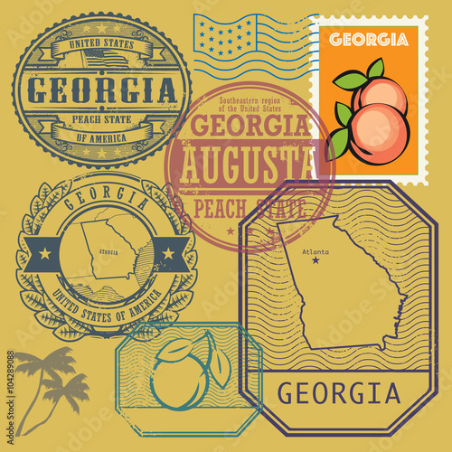 Stamp set with the name and map of Georgia, United States