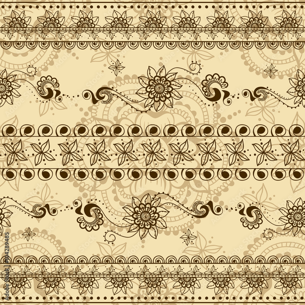 Vector seamless texture with floral ornament in indian style. Mehndi ornamental striped pattern Vector seamless texture with floral ornament in indian style. Mehndi ornamental striped pattern