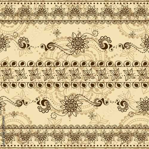 Vector seamless texture with floral ornament in indian style. Mehndi ornamental striped pattern