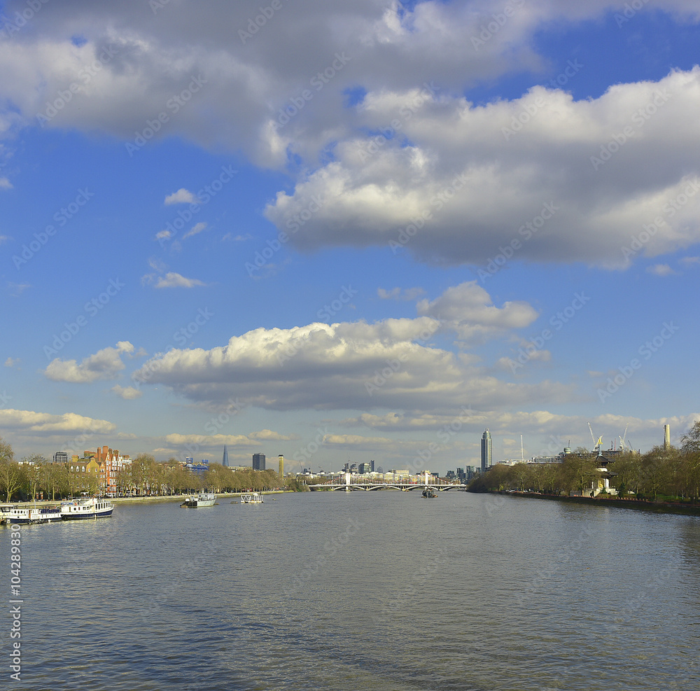London skyline, Thames river and the Chelsesa bridge from the Albert bridge.