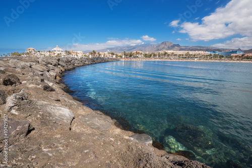 Las Americas coastline in Adeje, Tenerife, Spain. Las Americas is one of the most popular and touristic resorts, in Tenerife South area.