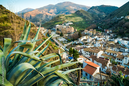 Top view of the evening on the beautiful village of Monachil with agave leaves in the foreground. Province of Granada. Spain photo