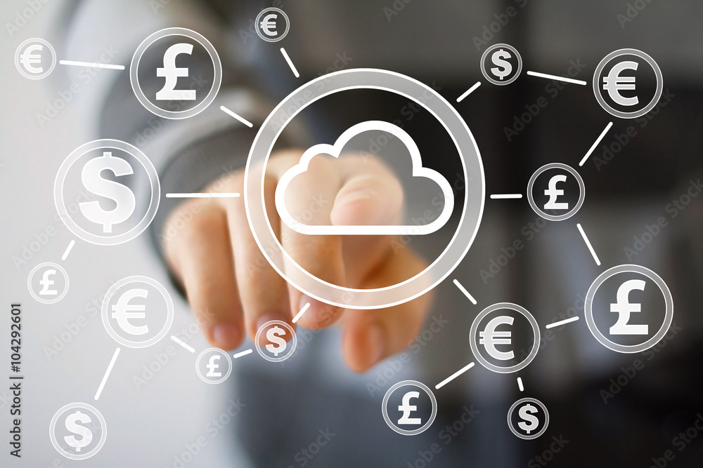 Businessman push button with cloud dollar eur currency Businessman push button with cloud dollar eur currency