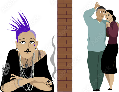 Concerned parents separated by a brick wall from their punk daughter as a metaphor for a generation gap, EPS 8 vector illustration