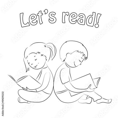 Kids reading books - outline. Coloring page.