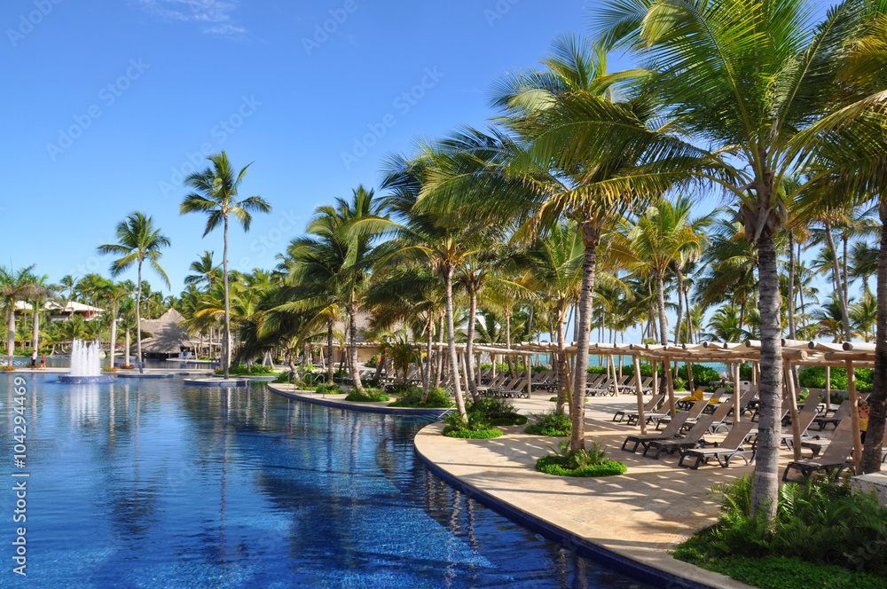 Pool in the Dominican hotel surrounded by palm trees