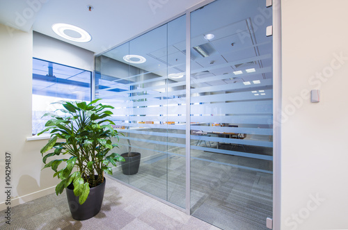 Glass door and green plant in corridor in bright modern office