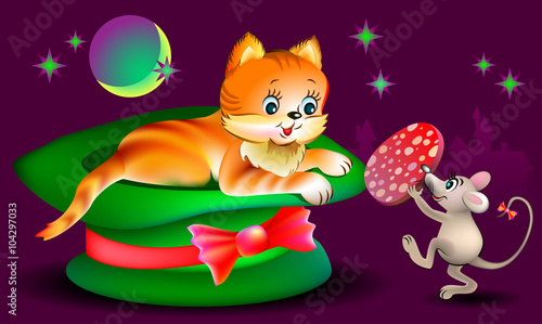 Illustration of cat looking at mouse, vector cartoon image.