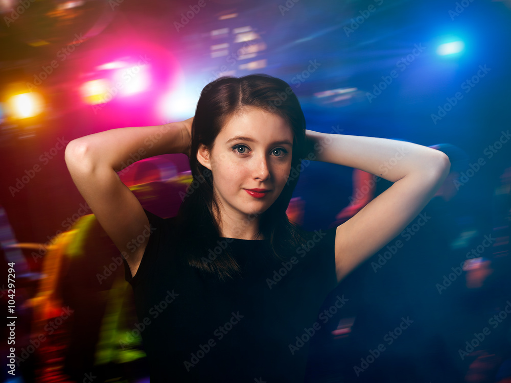 Gorgeous portrait of a girl. Disco, night club. Young girl, teenager. Bright red lipstick, long dark hair. The concept - a way of life of adolescents. Fluorescent colors Gorgeous portrait of a girl. Disco, night club. Young girl, teenager. Bright red lipstick, long dark hair. The concept - a way of life of adolescents. Fluorescent colors