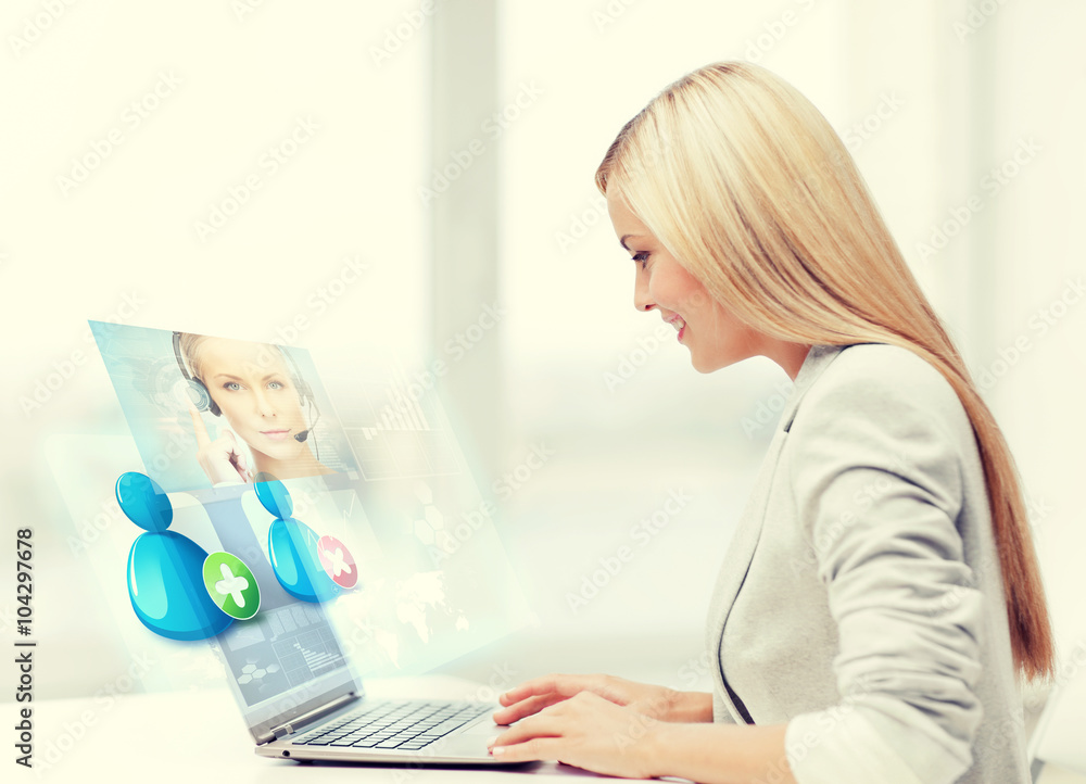 businesswoman communicating with helpline operator