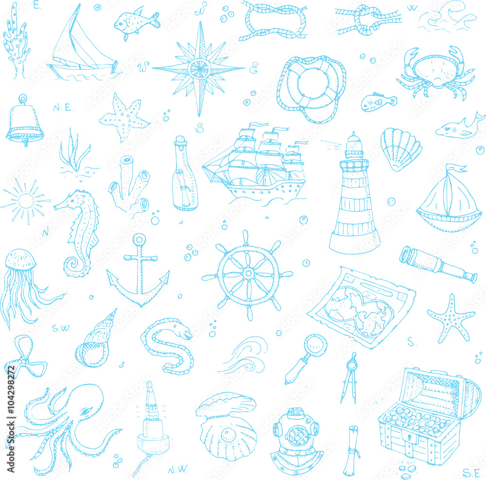Seamless background hand drawn doodle Boat and Sea icons set Vector ...