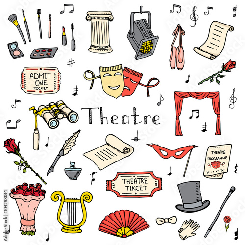 Hand drawn doodle Theatre set Vector illustration Sketchy theater icons  Theatre acting performance elements Ticket Masks Lyra Flowers Curtain stage Musical notes Pointe shoes Make-up artist tools