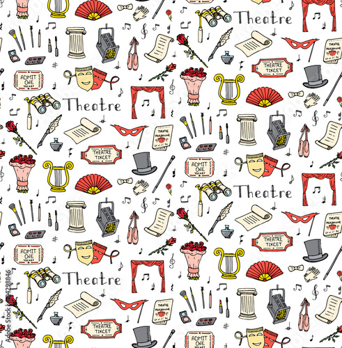 Seamless background hand drawn doodle Theatre set Vector illustration Sketchy theater icons Acting performance elements Ticket Masks Lyra Flowers Curtain stage Musical notes Pointe shoes Make-up tools