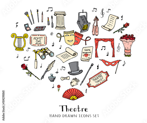 Hand drawn doodle Theatre set Vector illustration Sketchy theater icons  Theatre acting performance elements Ticket Masks Lyra Flowers Curtain stage Musical notes Pointe shoes Make-up artist tools