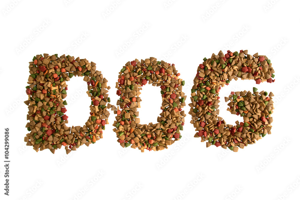 Dog Food Take shape to DOG Text isolate on white background Dog Food Take shape to DOG Text isolate on white background