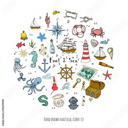 Hand drawn doodle Boat and Sea set Vector illustration boat icons sea life concept elements Ship symbols collection Marine life Nautical design Underwater life Sea animals Sea map Spyglass Magnifier