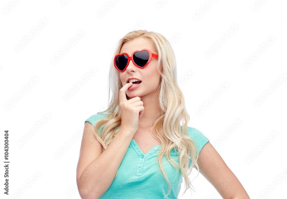 happy young blonde woman or teenager in sunglasses happy young blonde woman or teenager in sunglasses