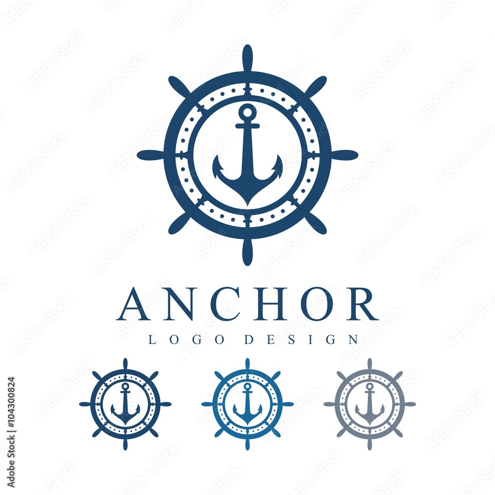 Circle Ship's Wheel With Anchor Vector Logo Design Template Stock