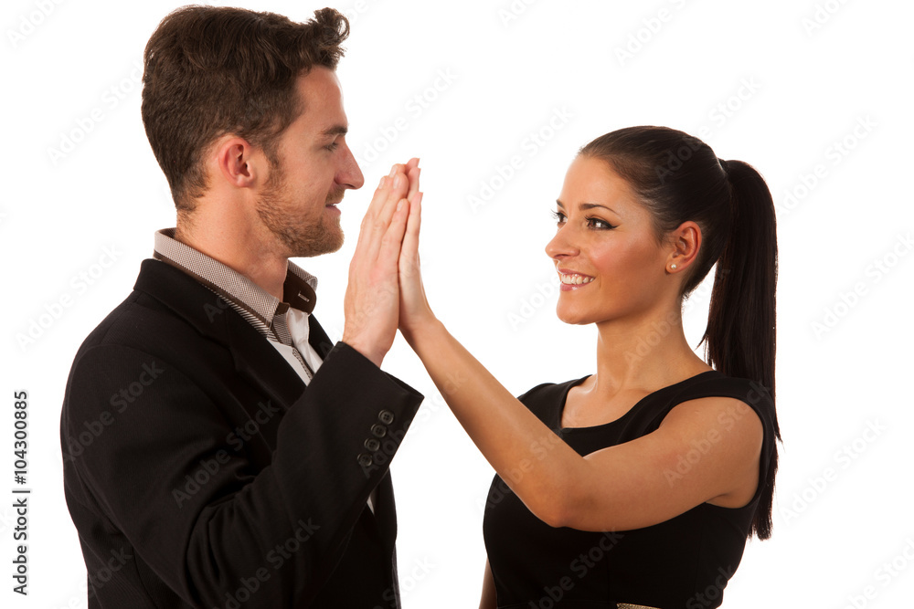 Business couple celebrating success, clapping with hands. Team w