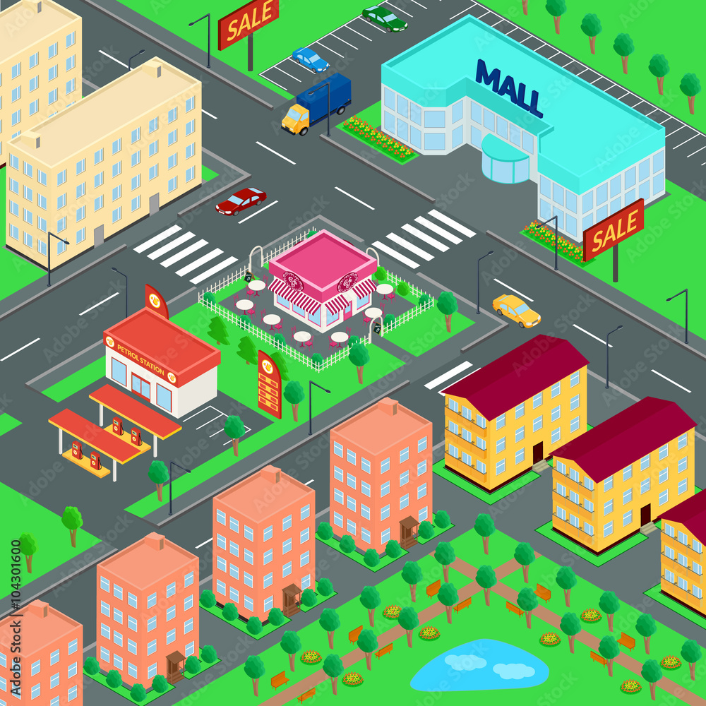 vector illustration. City. Mall, houses, cafes, petrol station, truck, car, Parking, Park. isometric
