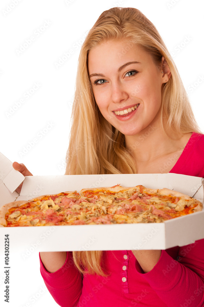 Woman with big pizza in carton box can't wait to eat it.