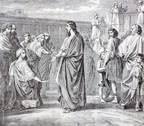 SEBECHLEBY, SLOVAKIA - JULY 27, 2015: Jesus and the Scribes and Pharisees. Lithography by unknown artist in the book 
