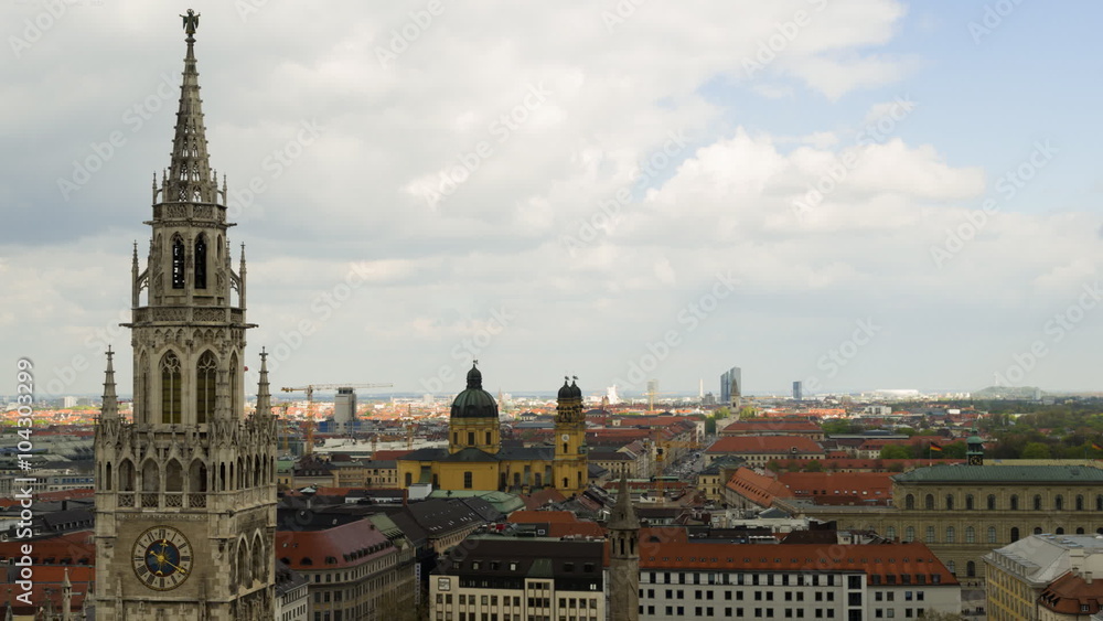 Panoramic view of Munich city center with the City Hall and the Frauenkirche, Germany. Timelapse video. Panoramic view of Munich city center with the City Hall and the Frauenkirche, Germany. Timelapse video.