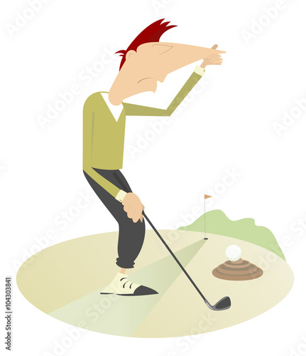 Unusual situation on the golf course. Golf ball hits into the dung and man holds his nose from odor nuisance
