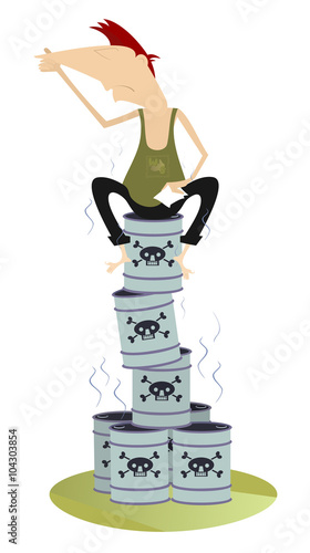 Toxic substance. Man sitting on the barrels with toxic substance and holds his nose from odor nuisance 
