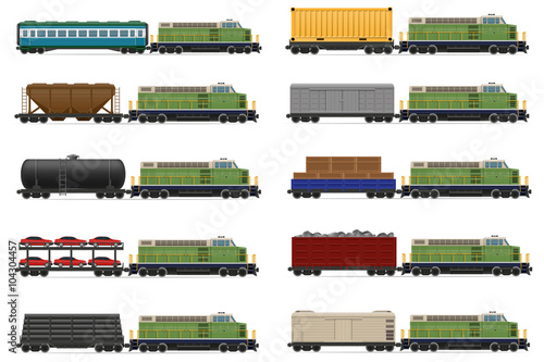 set icons railway train with locomotive and wagons vector illust