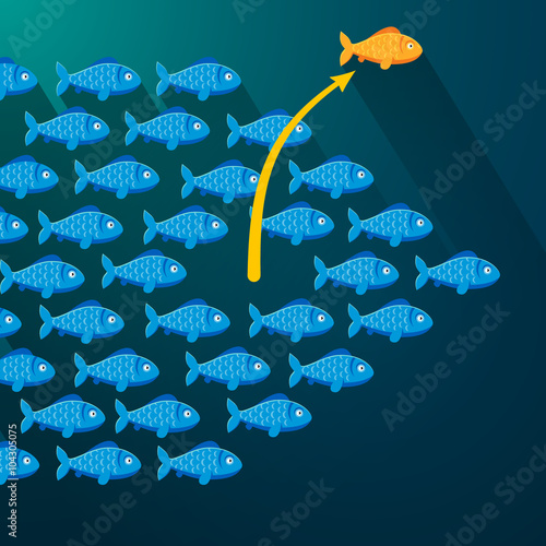 Fish break free from shoal. Entrepreneur concept