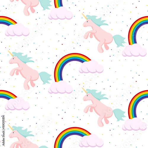 Cute unicorn and rainbow child seamless vector pattern. Baby white fabric design  surface textile for kid clothes  bed linen.