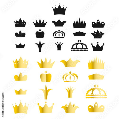 Gold crown clip art vector set. King or queen crowns gradient and black silhouette style icons.