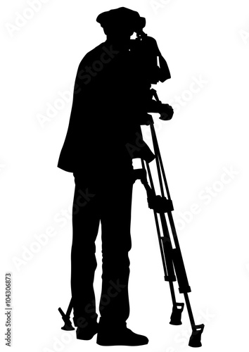 Journalist and tripod of video camera on white background