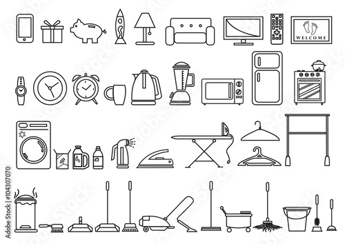 Set of Home and Lifestyle Tools and Objects in Outline Art Style. Editable Clip Art.
