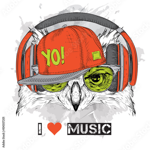 The image of the owl in the glasses, headphones and in hip-hop hat. Vector illustration. photo