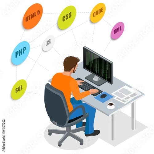 Developer Using Laptop Computer. Web Development concept. Web programming concept. Programming, coding, testing, debugging, analyst, code developer flat 3d isometric vector illustration