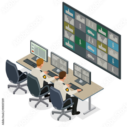Security guard watching video monitoring surveillance security system. Mans In Control Room Monitoring Multiple Cctv Footage. Video surveillance concept. Flat 3d isometric vector illustration  photo