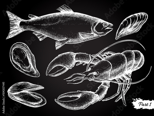 Vector hand drawn seafood chalkboard set.