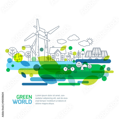 Green landscape illustration, isolated on white background. Saving nature and ecology concept. Vector linear trees, house, people and alternative energy generators. Design for save earth day. 
