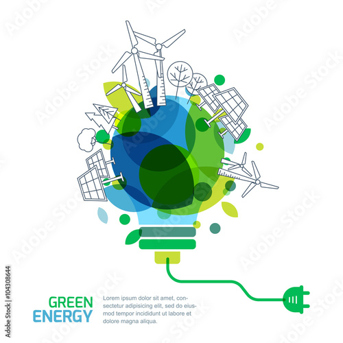 Energy saving concept. Vector illustration of light bulb with outline trees, alternative wind and solar energy generators. Green renewable energy and environmental. 
