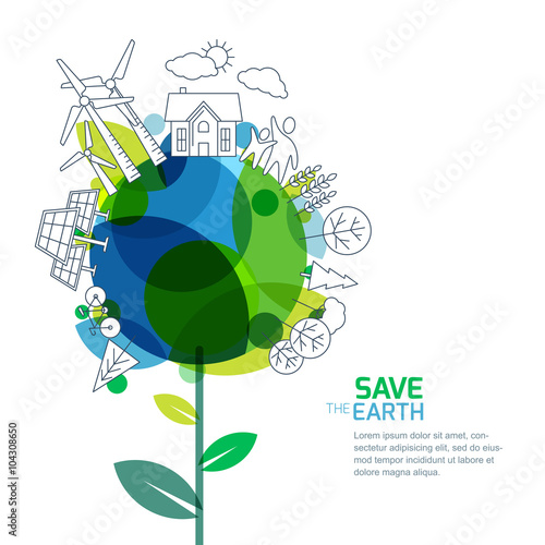 Vector illustration of growing plant and earth with outline trees, house, people and alternative energy generators. Green world, environment and ecology concept. Background design for save earth day. 