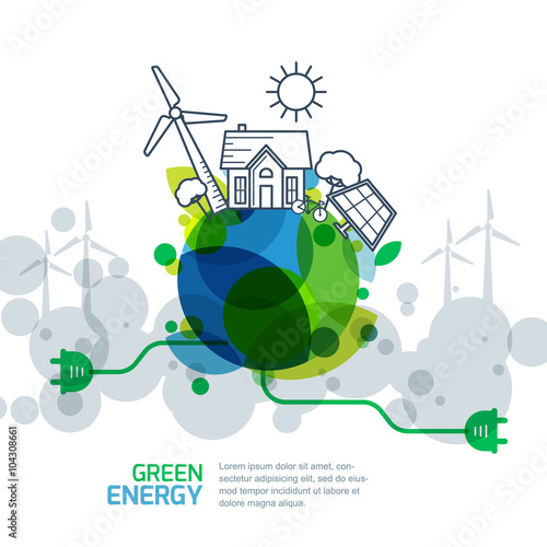 Environmental and ecology concept. Vector green earth with wire plug. Power generation and alternative energy outline illustration. Creative background for save earth day. 
