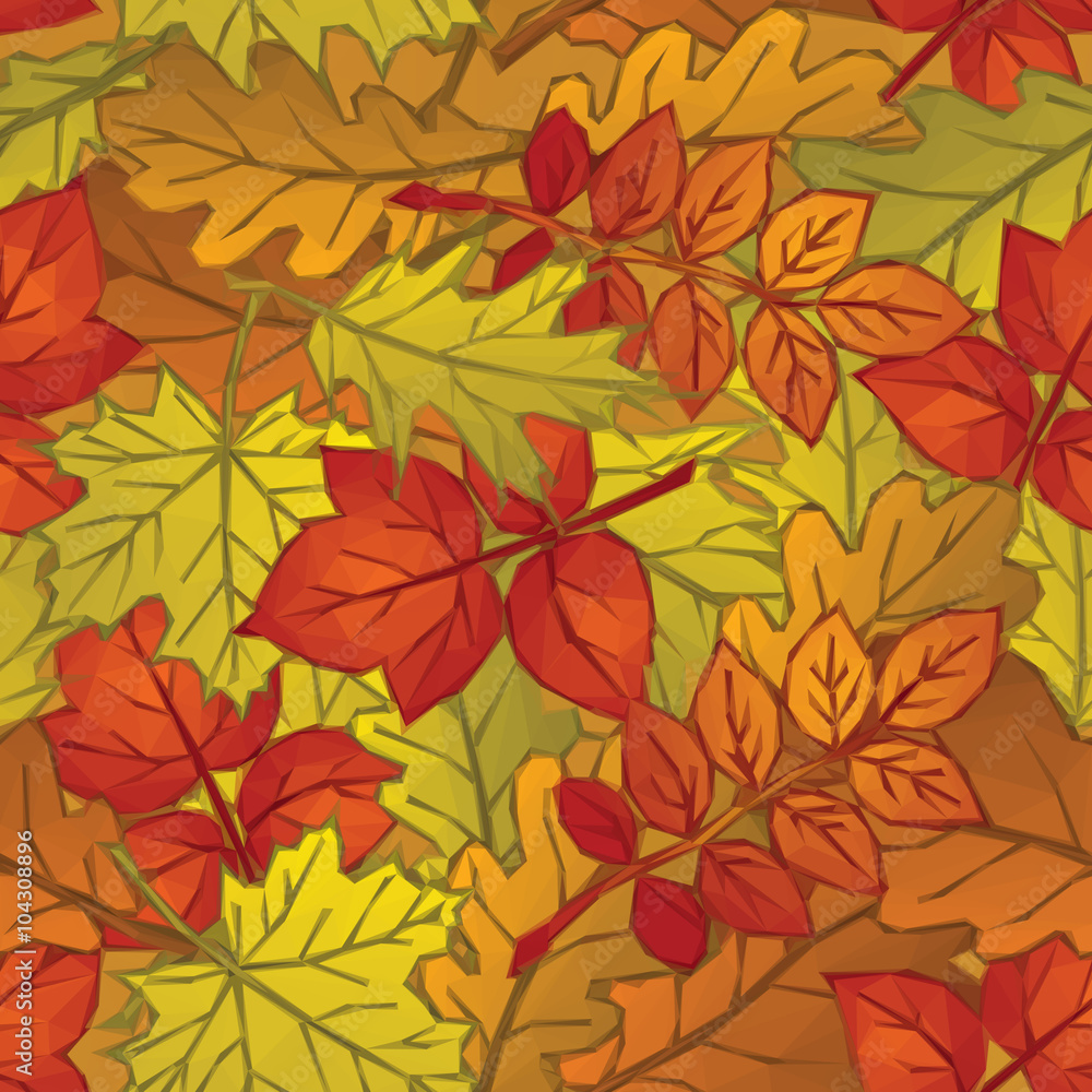 Autumn Nature Background with Leaves of Plants, Polygonal Low Poly Design. Vector